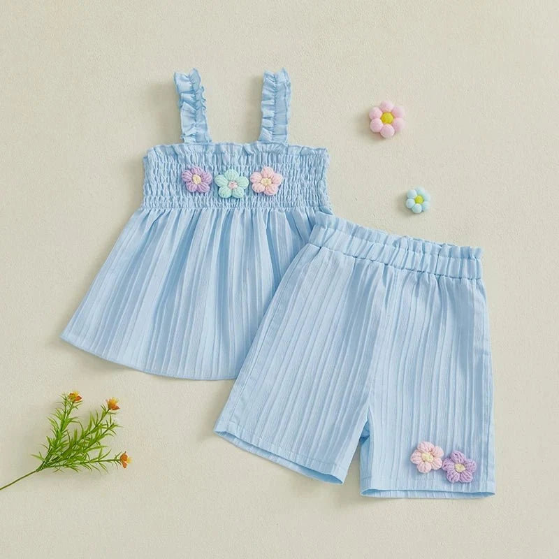 0-4years Baby Girl Summer Outfit 3D Flower Design Ruffled Trim Smocked Sleeveless Tops and Shorts 2 Pcs Set for Toddler girls - Mom & Kids