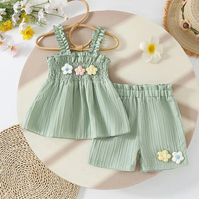 0-4years Baby Girl Summer Outfit 3D Flower Design Ruffled Trim Smocked Sleeveless Tops and Shorts 2 Pcs Set for Toddler girls - Mom & Kids