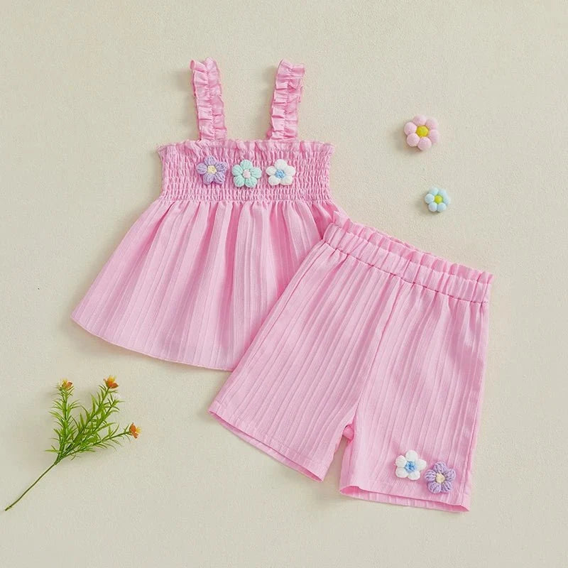 0-4years Baby Girl Summer Outfit 3D Flower Design Ruffled Trim Smocked Sleeveless Tops and Shorts 2 Pcs Set for Toddler girls - Mom & Kids