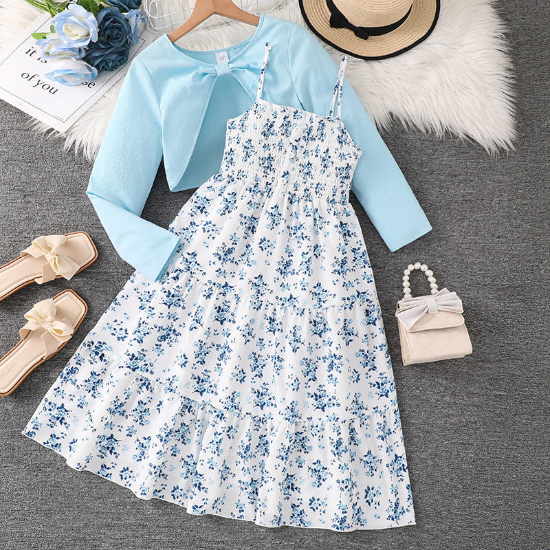 Girls' Floral Strap Dress Long-sleeved Jacket