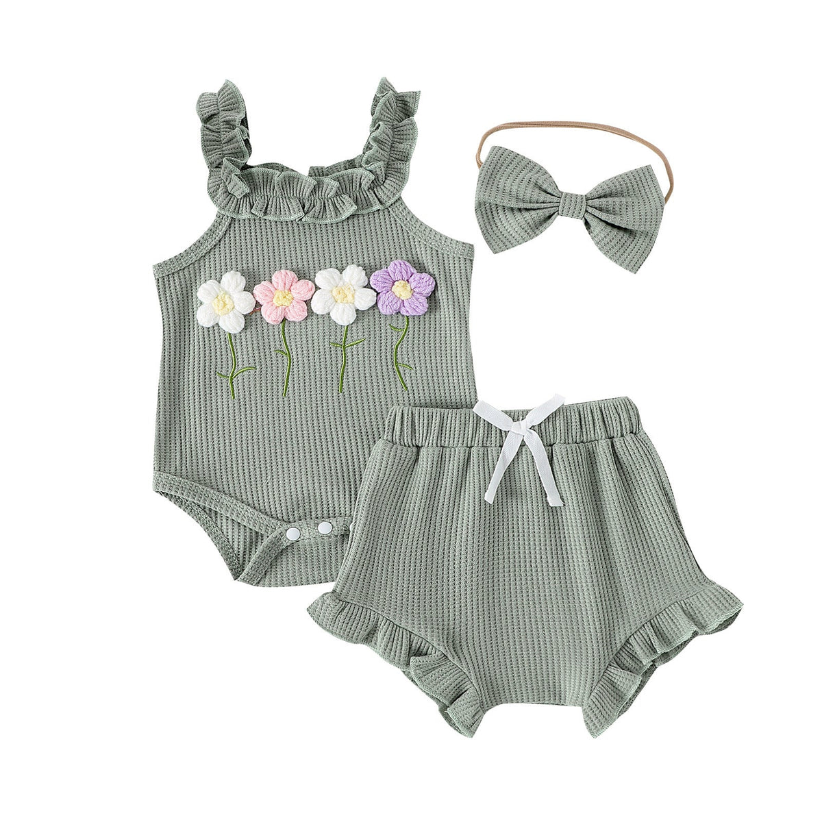 Girls' Summer Embroidered Three-piece Set With Suspenders