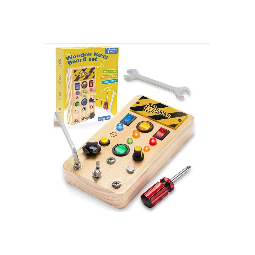 Cross border popular children s early education wooden LED light socket switch busy board toy hands on wooden toy