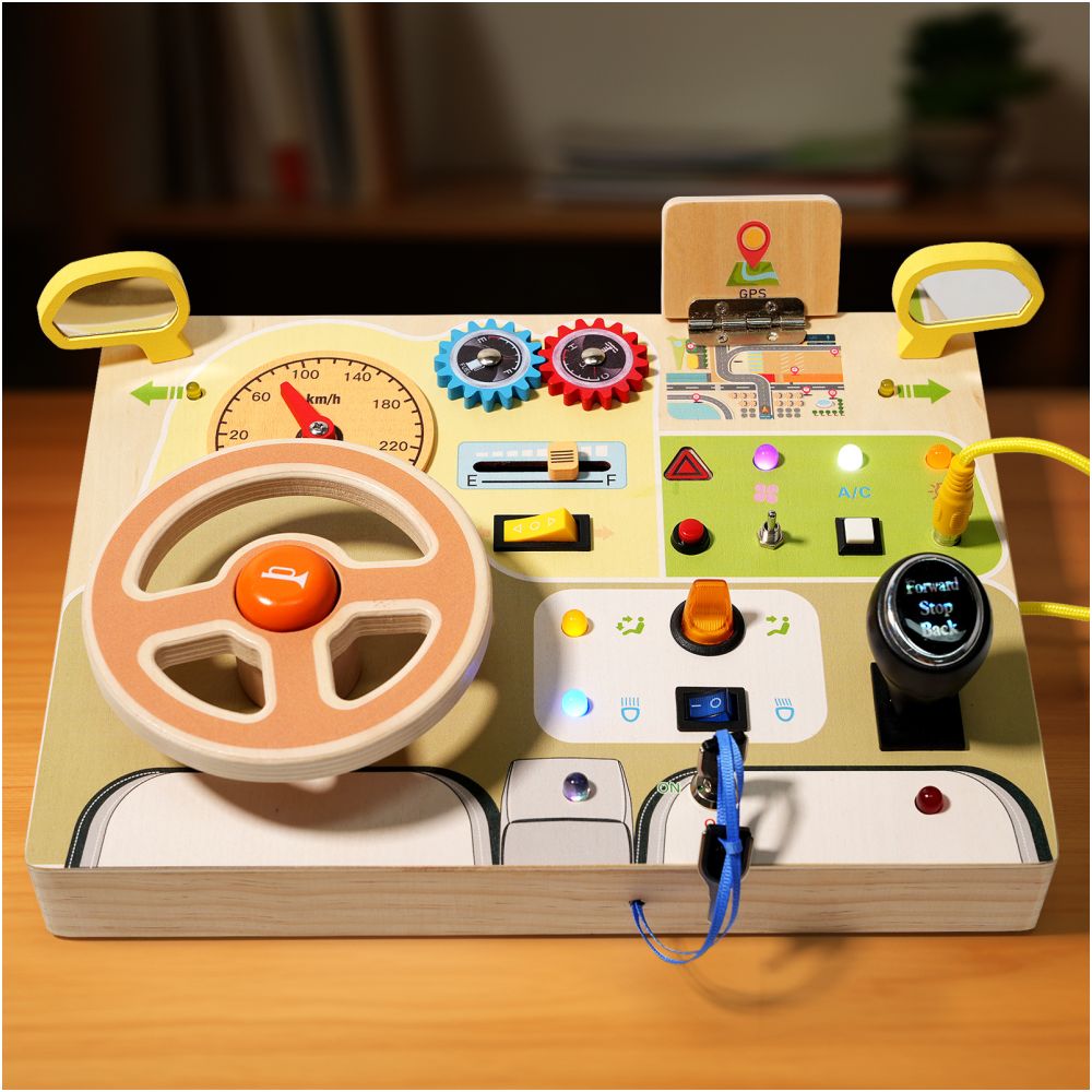 Cross border popular children s early education wooden LED light socket switch busy board toy hands on wooden toy