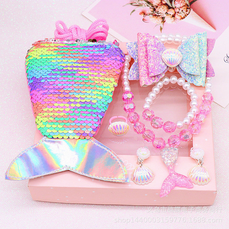 Children's fishtail necklace bracelet cross-border jewelry set pearl necklace cartoon fishtail bag gift box wholesale