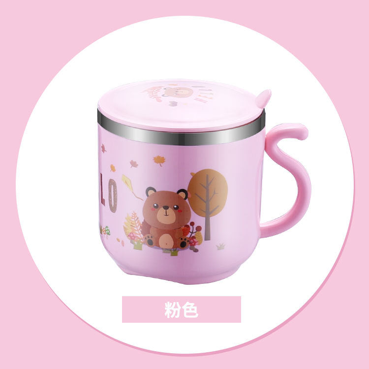 304 Stainless Steel Children's Water Cup Cartoon Creative Double Layer Insulation Anti-scalding with Lid and Handle Kindergarten Mouth Cup