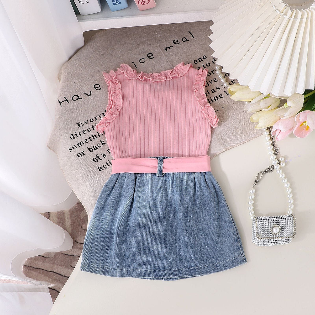 Summer Denim Skirt Belt Three-piece Set ()