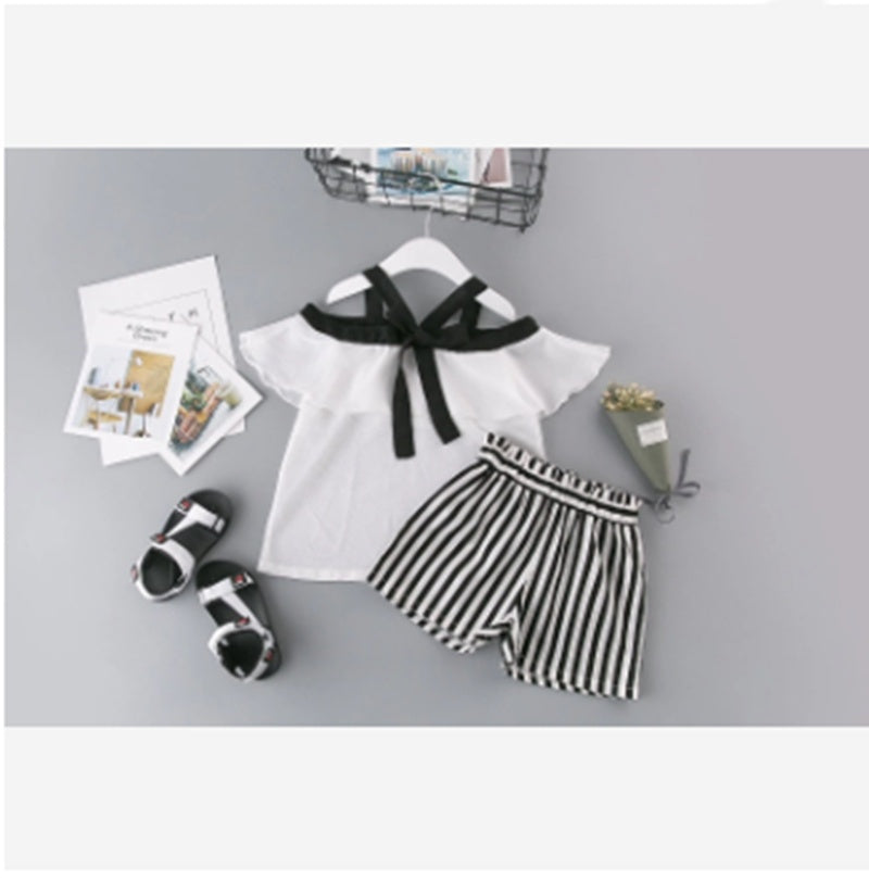 Two-piece Frilled Chiffon Shirt With Striped Shorts