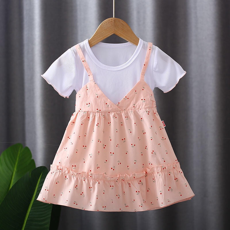 Girls' Dress Summer Style Fashion Round Neck Fake Two-piece Suspender Skirt
