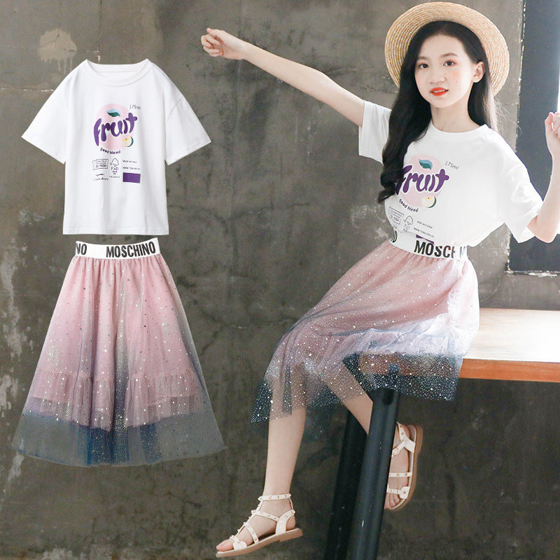 Two-piece Cotton Blouse And Mesh Dress