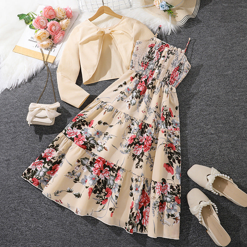 Girls' Floral Strap Dress Long-sleeved Jacket