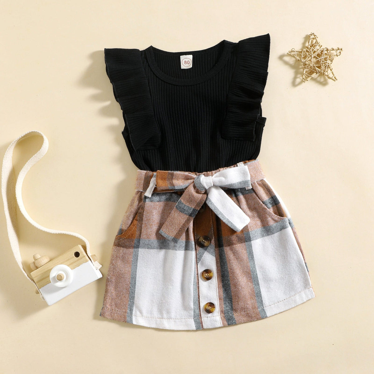 Flying Sleeve Plaid Skirt Two-piece Suit