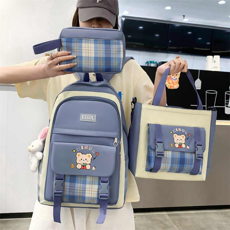 Large Capacity High School Plaid Three-piece Set Junior High School Student Elementary School Studebt Backpack - Baby Bag