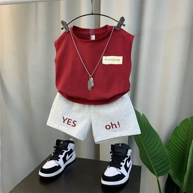 2024 Boy’s Loose Vest Sets Baby Casual Fashion Suit Summer New Children's Thin Sleeveless Round Neck Top Shorts 2Pcs 12M-6Years - Mom & Kids