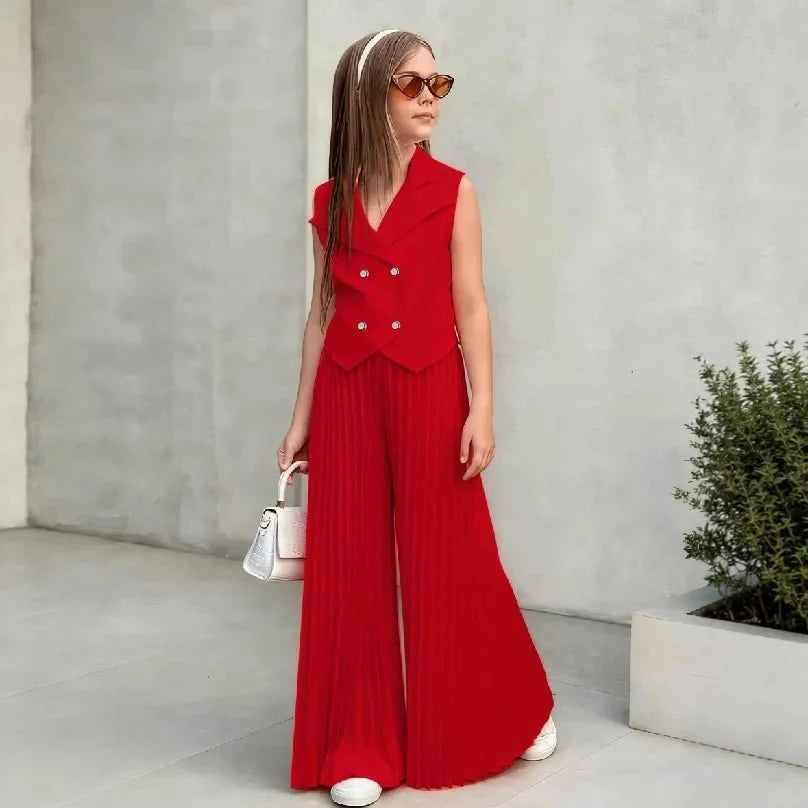 2025 Little Girls 2-Pieces Western-Style Outfit for Girls: Sleeveless Blazer Top+Wide-Leg Pleated Pants - Mom & Kids