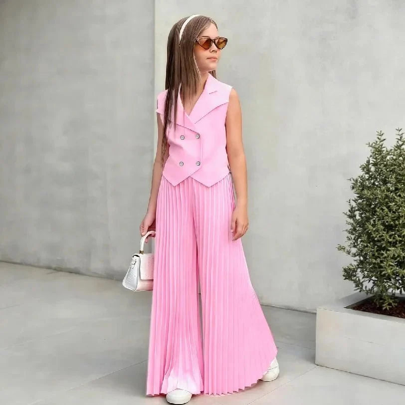 2025 Little Girls 2-Pieces Western-Style Outfit for Girls: Sleeveless Blazer Top+Wide-Leg Pleated Pants - Mom & Kids