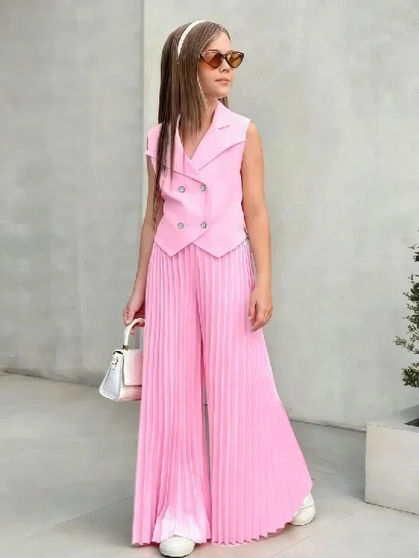 2025 Little Girls 2-Pieces Western-Style Outfit for Girls: Sleeveless Blazer Top+Wide-Leg Pleated Pants - Mom & Kids