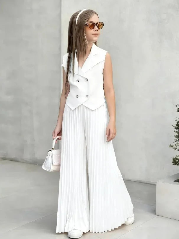 2025 Little Girls 2-Pieces Western-Style Outfit for Girls: Sleeveless Blazer Top+Wide-Leg Pleated Pants - Mom & Kids