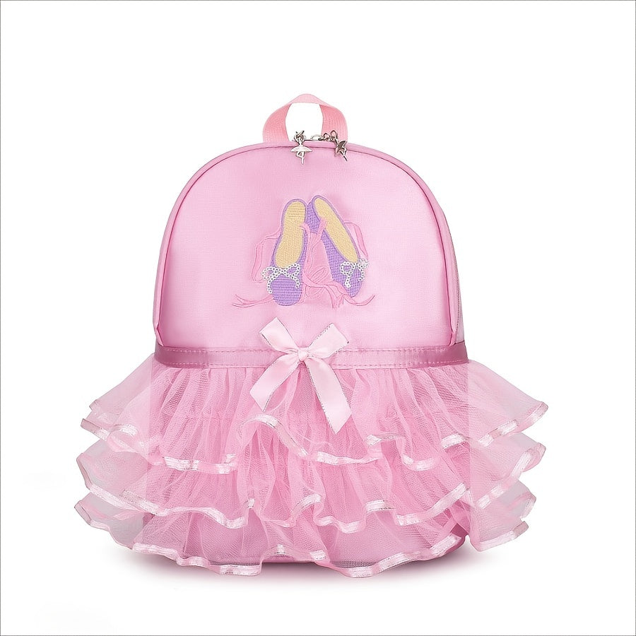 Chic Magenta Ballet Dance Backpack with Embroidered Shoes & Bow Detail - Lightweight, Foldable Nylon School Bag with