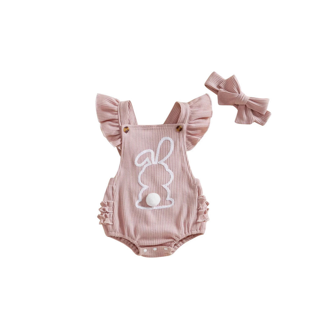 Children's Rabbit Embroidered Flounced Sleeve Romper