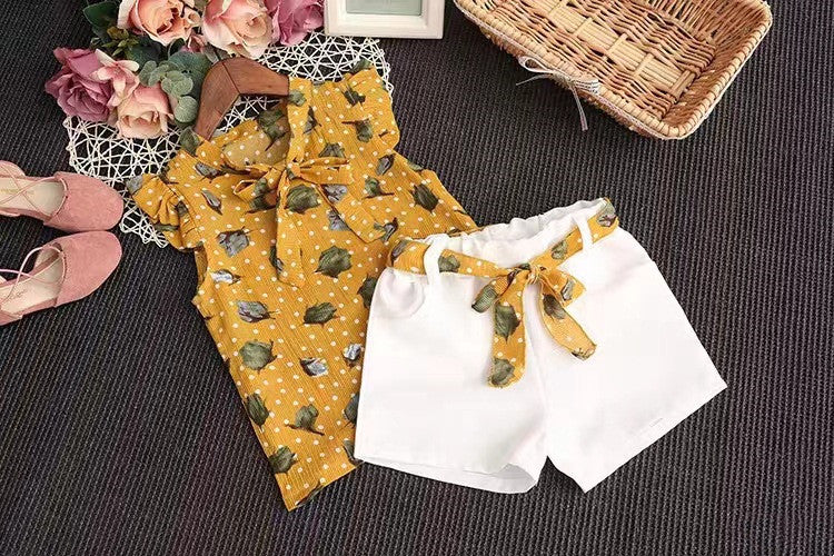Girls Chiffon Sleeveless Flower Printed Two-piece Suit