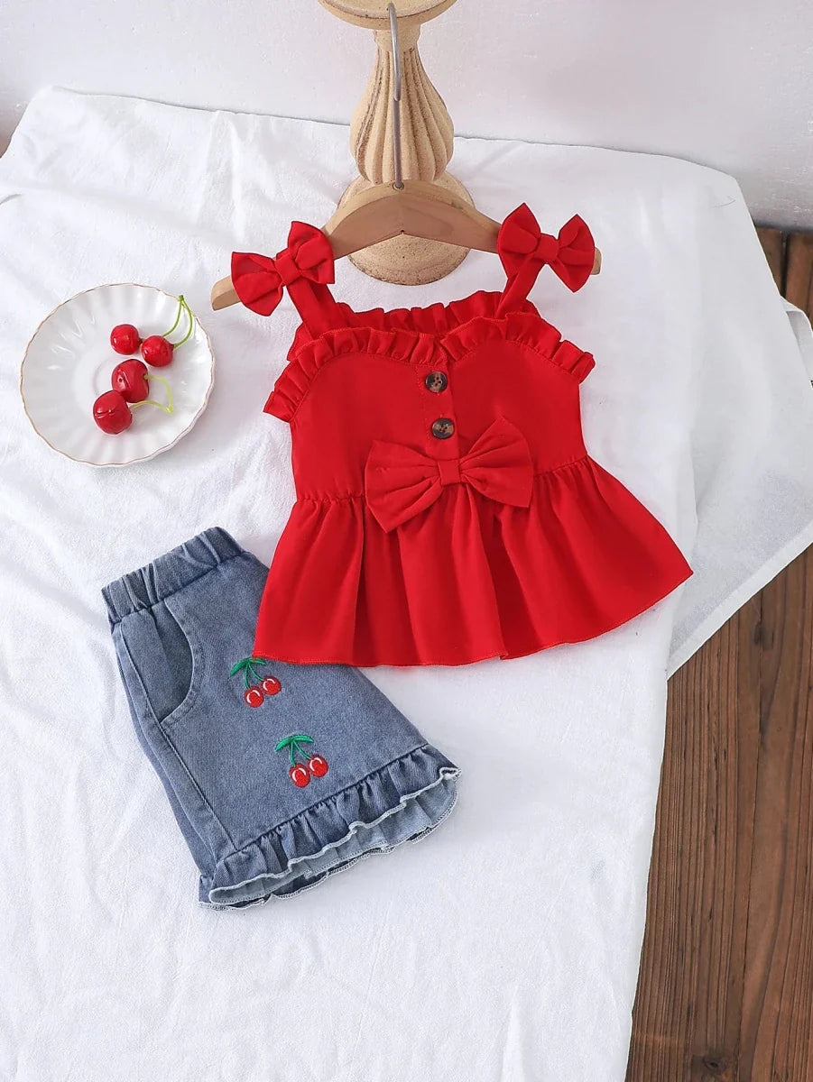 2PCS Summer New Style Girls 1-3 Years Old Sweet And Cute Red Suspender Top + Denim Shorts - Mom & Kids