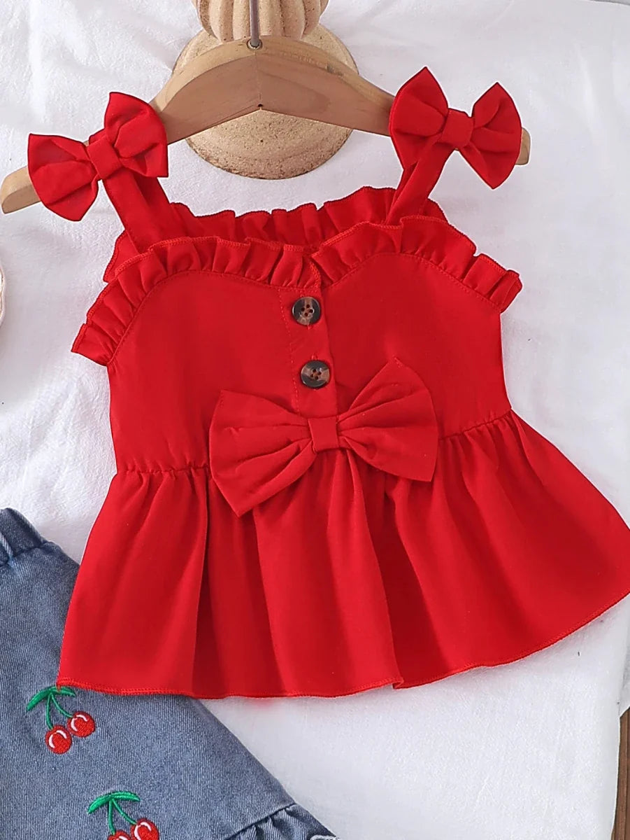 2PCS Summer New Style Girls 1-3 Years Old Sweet And Cute Red Suspender Top + Denim Shorts - Mom & Kids