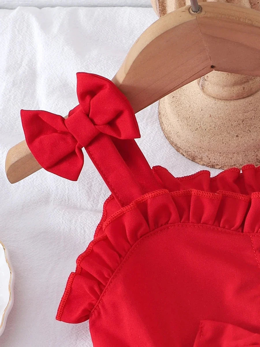 2PCS Summer New Style Girls 1-3 Years Old Sweet And Cute Red Suspender Top + Denim Shorts - Mom & Kids
