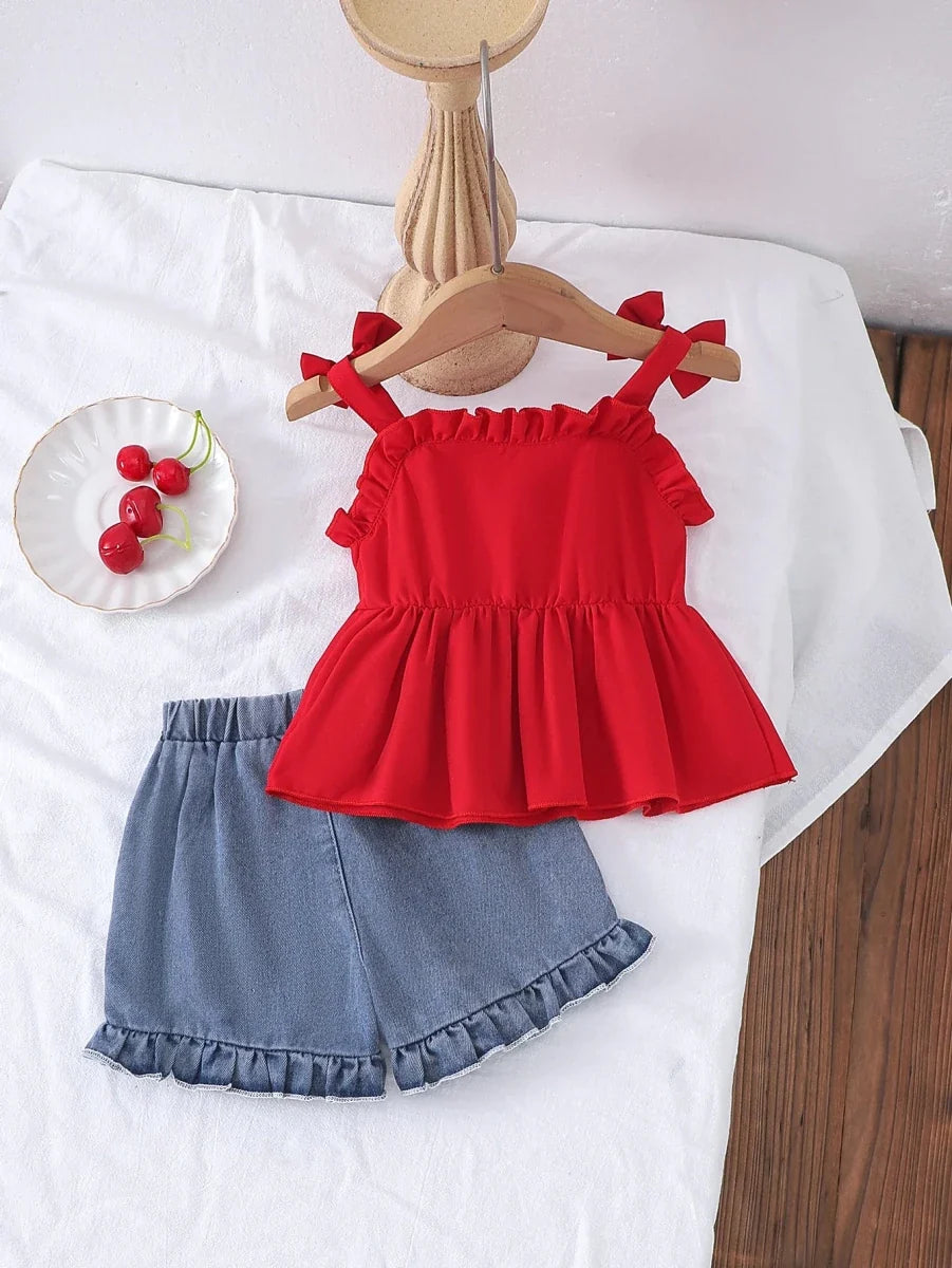 2PCS Summer New Style Girls 1-3 Years Old Sweet And Cute Red Suspender Top + Denim Shorts - Mom & Kids