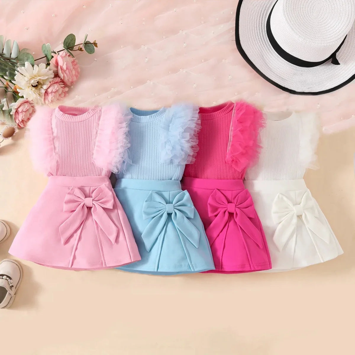 2Pcs Toddler Baby Girl Clothes Outfit Bubble Sleeve Patchwork Ruffle Top+Solid Color Flared Pants Fashion Set Fit 0-3 Years Set - Mom & Kids