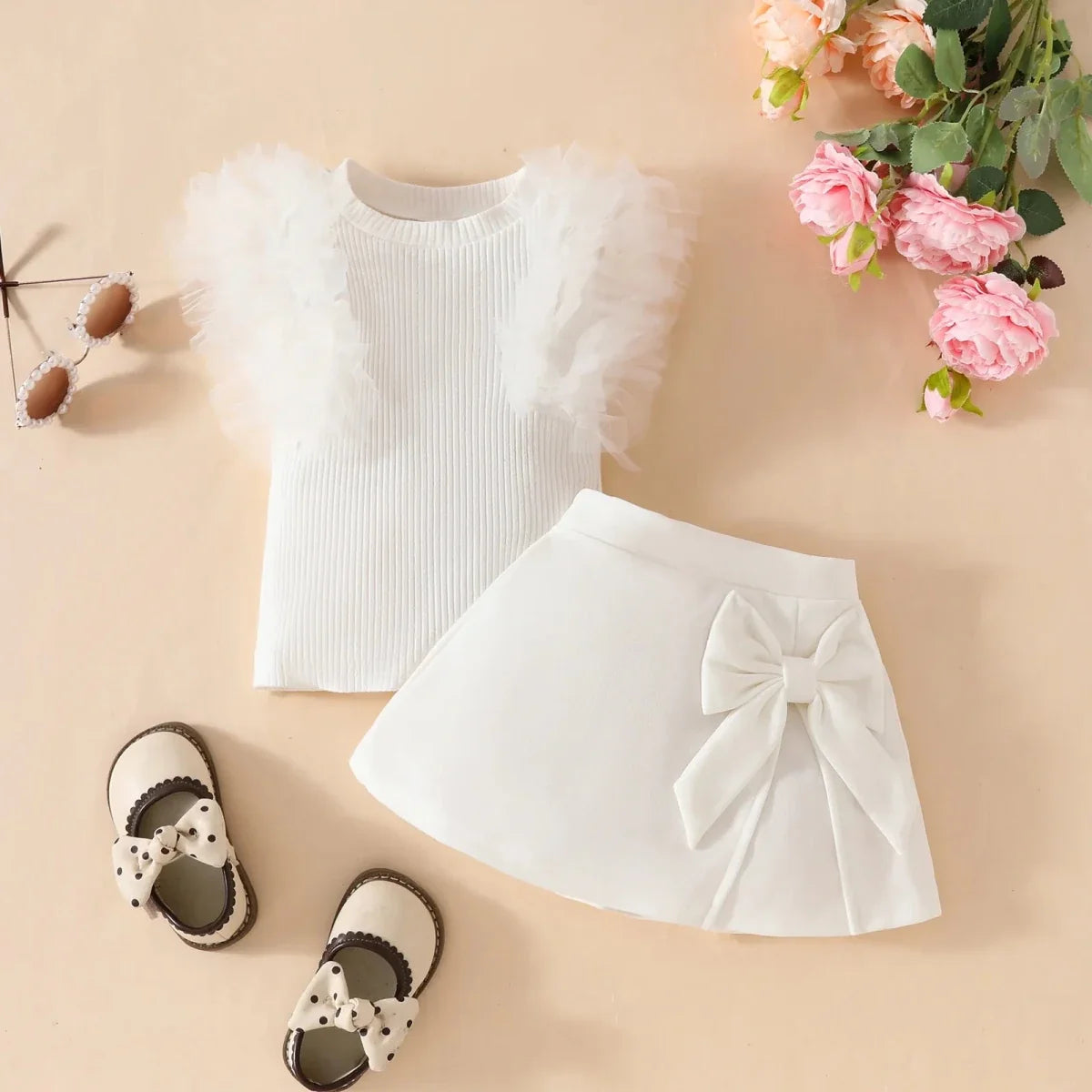 2Pcs Toddler Baby Girl Clothes Outfit Bubble Sleeve Patchwork Ruffle Top+Solid Color Flared Pants Fashion Set Fit 0-3 Years Set