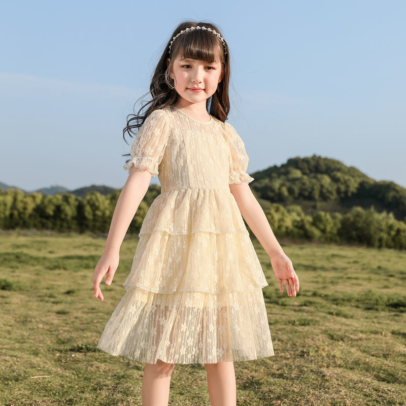 Girls' Simple Long Lace Cake Dress
