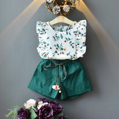 Fashion Casual Lace Print Top Loose Solid Color Shorts Two-Piece Suit