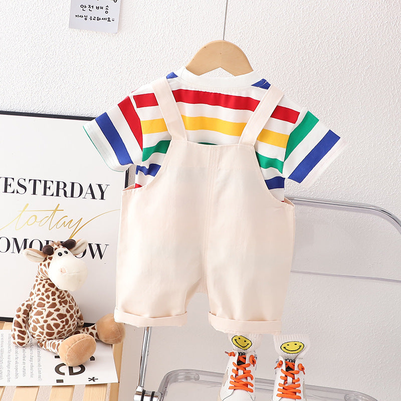 Boys' Summer Casual Suspender Trousers Short Sleeve Suit