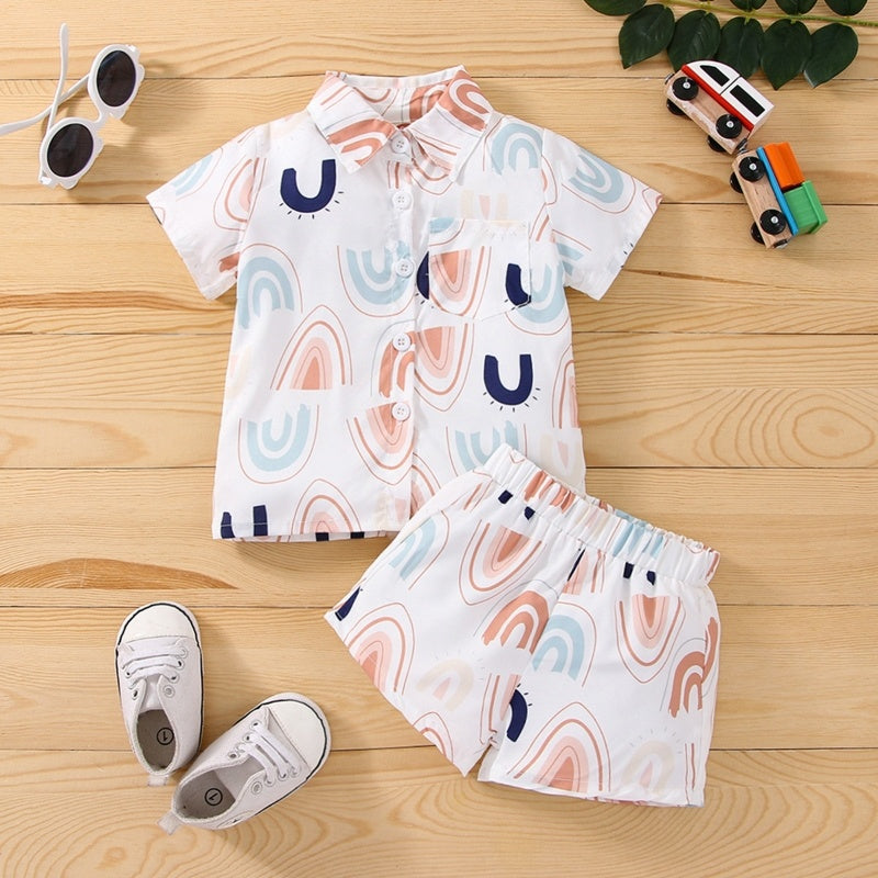 Baby Rainbow Leaves Printed Casual Shorts Suit