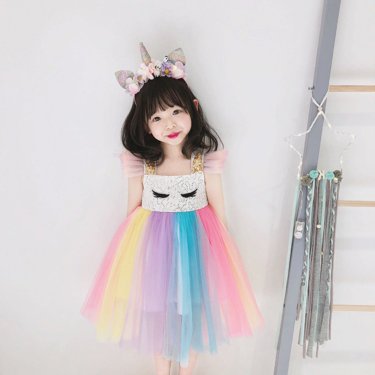 Girls' Summer Rainbow Dress Pompous Mesh