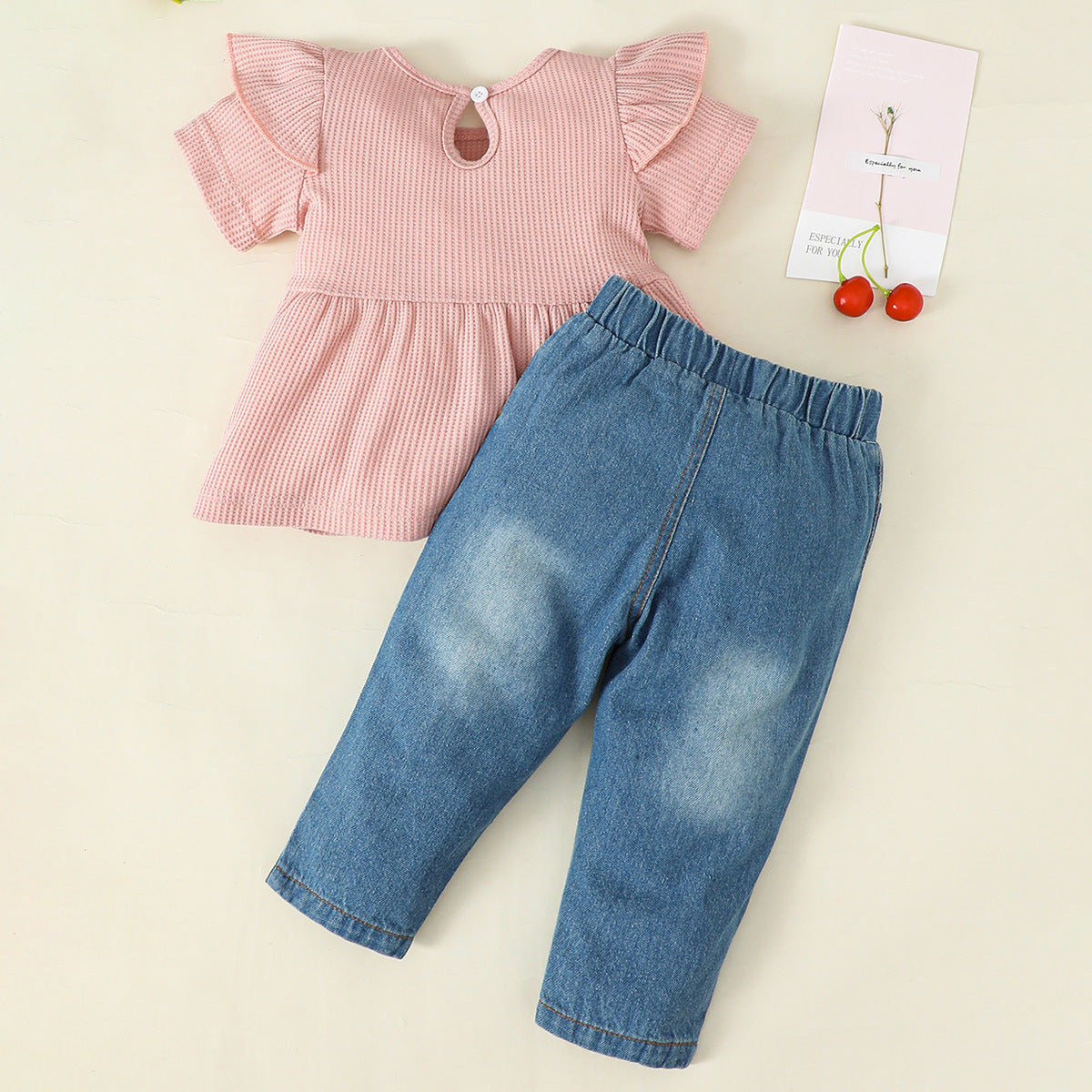 Girls' Solid Color Round Neck Short Sleeves Ruffled Denim Two-piece Suit