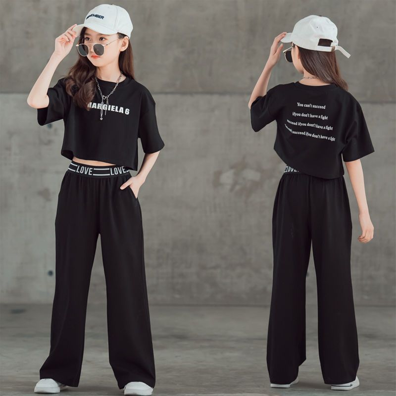 Girls Summer Two Piece Outfit with short sleeve top and wide leg pants