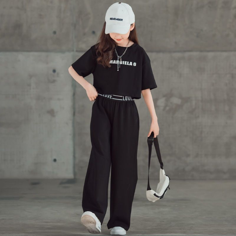Girls Summer Two Piece Outfit with short sleeve top and wide leg pants