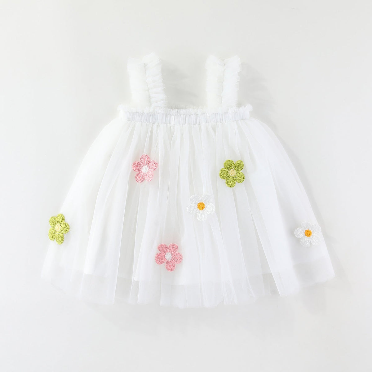 Girls Spaghetti Straps Chest Wrap Flower Embroidery Mesh Dress
