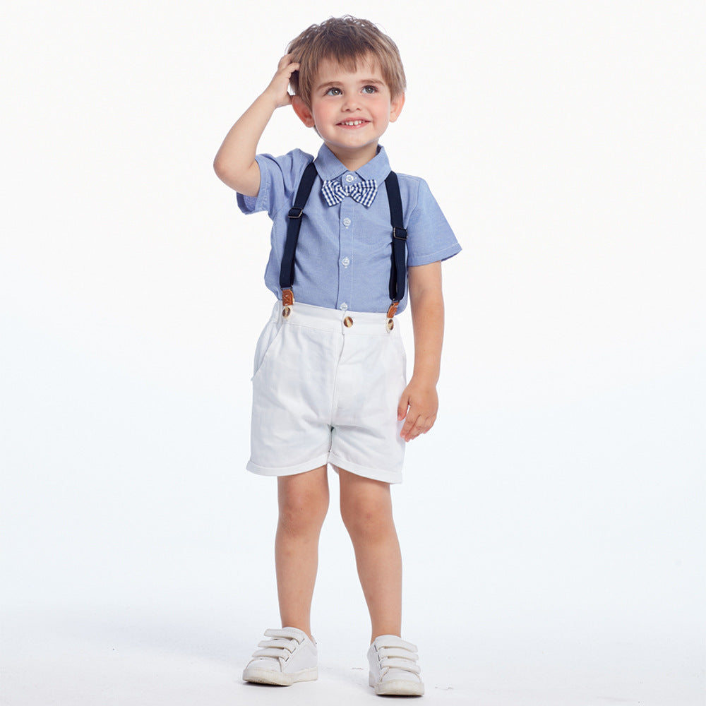 Summer Korean Style Boy's Short-sleeved Shirt Suspender Pants Suit