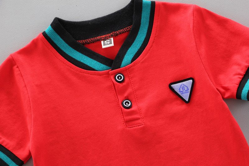 Summer Children's Boys' Handsome Casual Stand Collar Two-button Triangle Mark Short-sleeved Shorts Two-piece Set