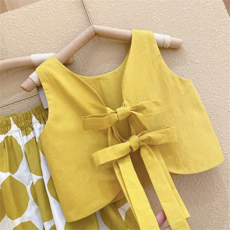 Western Style Backless Thin Pullover Girls' Vest Top Polka Dot Bloomers Two-piece Set