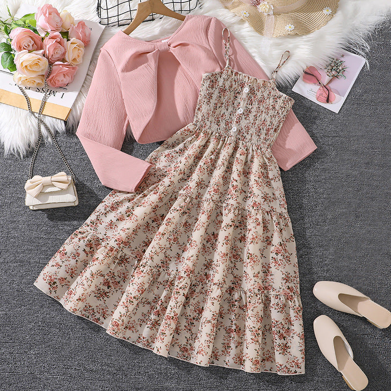 Girls' Floral Strap Dress Long-sleeved Jacket