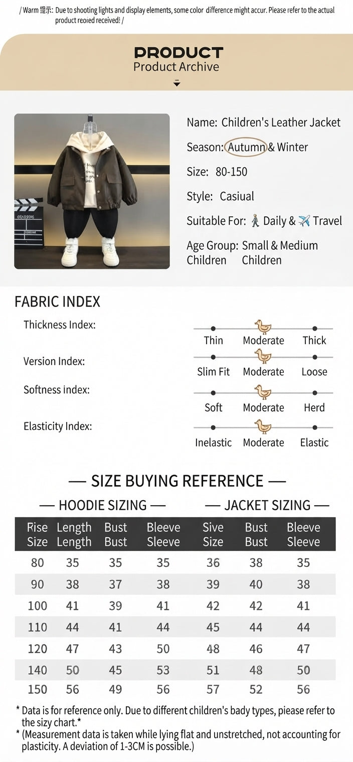 Children's Spring and Autumn Hooded Sweatshirt and Leather Jacket Two-Piece Set 2026 New Autumn Korean Style Handsome Boys' Casual Jacket