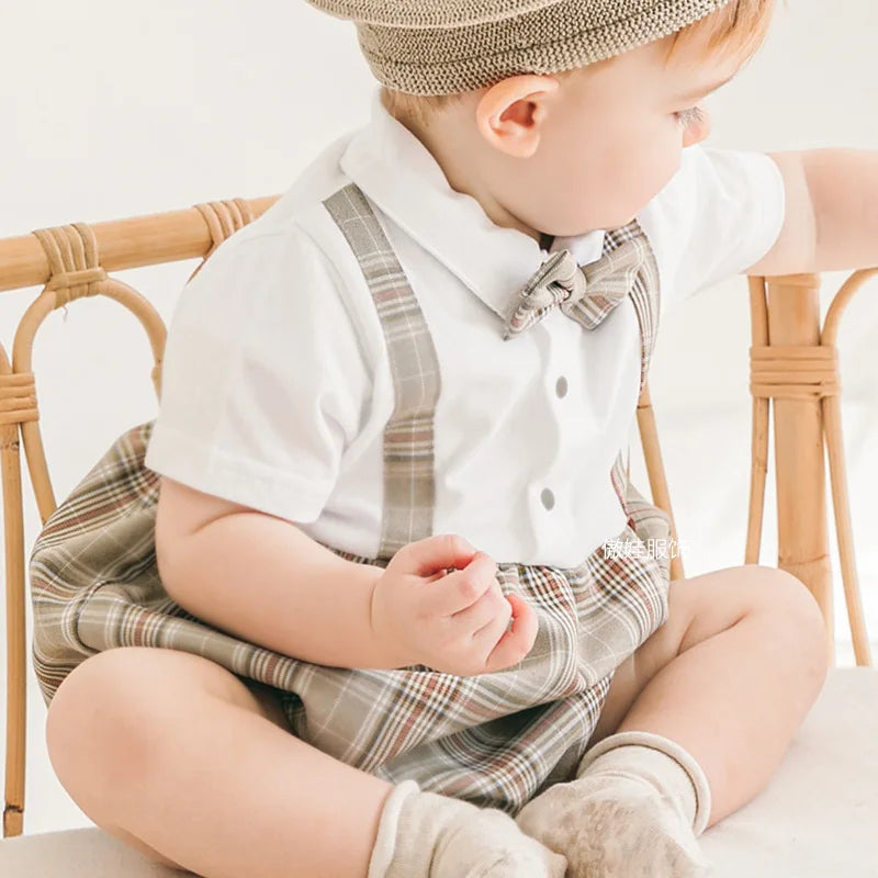 Summer Spanish Baby Boys Clothes Romper Infant Toddler Boys Girls Plaid Jumpsuit Overall Short Sleeve Newborn Rompers Outfits