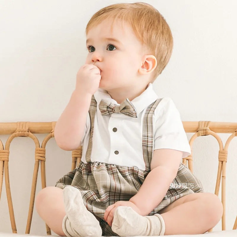 Summer Spanish Baby Boys Clothes Romper Infant Toddler Boys Girls Plaid Jumpsuit Overall Short Sleeve Newborn Rompers Outfits