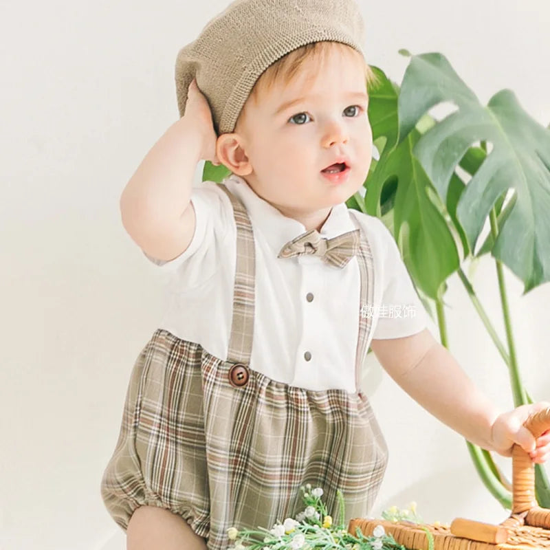 Summer Spanish Baby Boys Clothes Romper Infant Toddler Boys Girls Plaid Jumpsuit Overall Short Sleeve Newborn Rompers Outfits