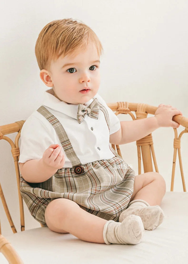 Summer Spanish Baby Boys Clothes Romper Infant Toddler Boys Girls Plaid Jumpsuit Overall Short Sleeve Newborn Rompers Outfits