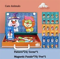 Wooden Educational Toy Magnetic Jigsaw Puzzles Games Toddler Craft Toys Travel Puzzle Box Double Sided Drawing Easel for Kids