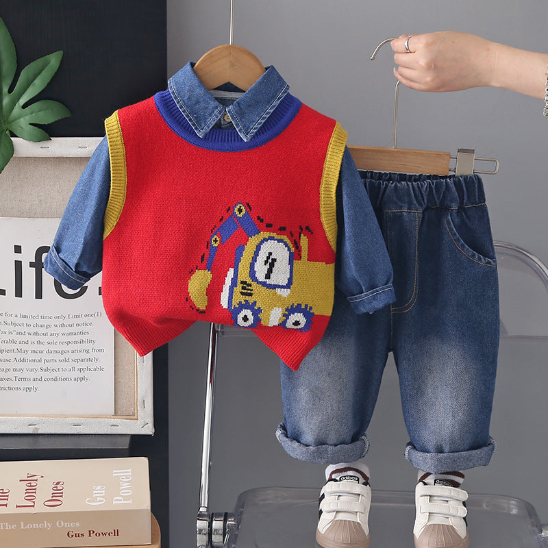 2026 New Boys' Autumn Outfit Set, Children's Stylish Spring and Autumn Excavator Sweater Three-Piece Set, Trendy Baby Clothes